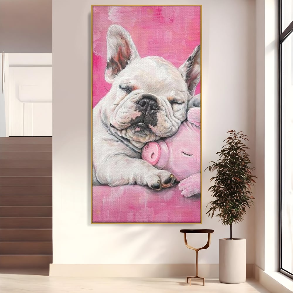 Tablou canvas cu pictura cu bulldog si porcusor, in rama de aluminiu auriu